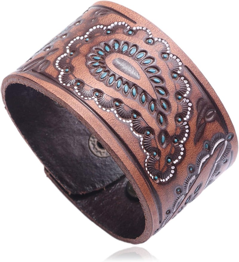 Fusamk Punk Rock Print Pattern Wristband Wide Leather Cuff Bracelet - Image 1